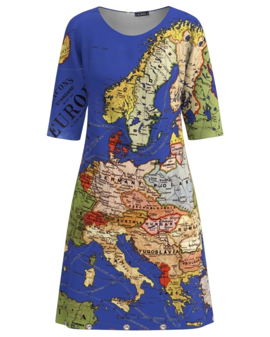 Rochie casual albastra imprimata cu model harta CMD3236