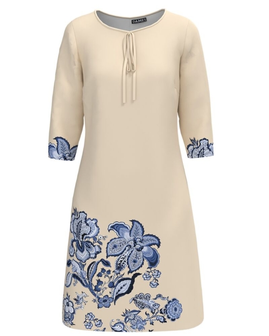 Rochie casual bej imprimata cu model floral albastru CMD4090