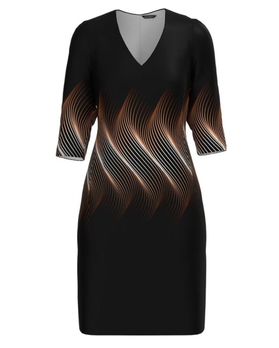Rochie casual neagra cu decolteu in V imprimata grafic Peach Fuzz CMD4995