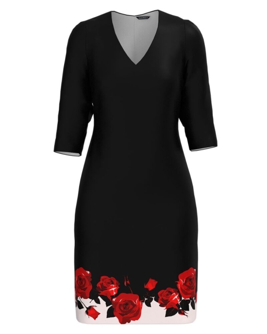Rochie casual neagra cu decolteu in V imprimata trandafiri