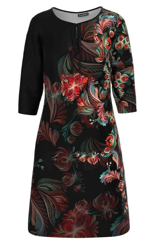 Rochie casual neagra imprimata cu flori multicolore CMD1276
