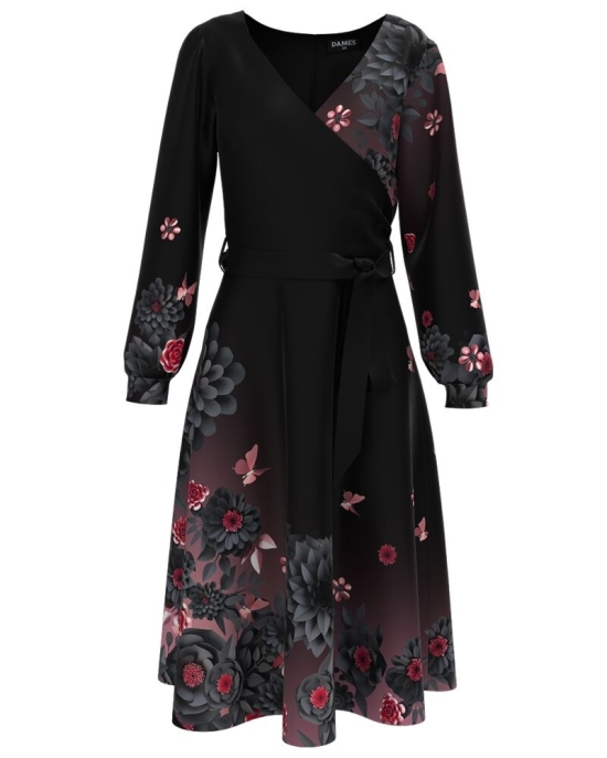 Rochie casual neagra imprimata cu model fluturi