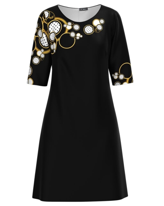 Rochie casual neagra imprimata cu model geometric in contrast CMD3184
