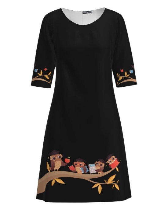 Rochie casual neagra imprimata digital Bufnite CMD1192