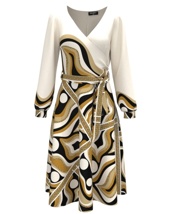 Rochie crem eleganta cu maneca lunga imprimata cu model abstract CMD3061