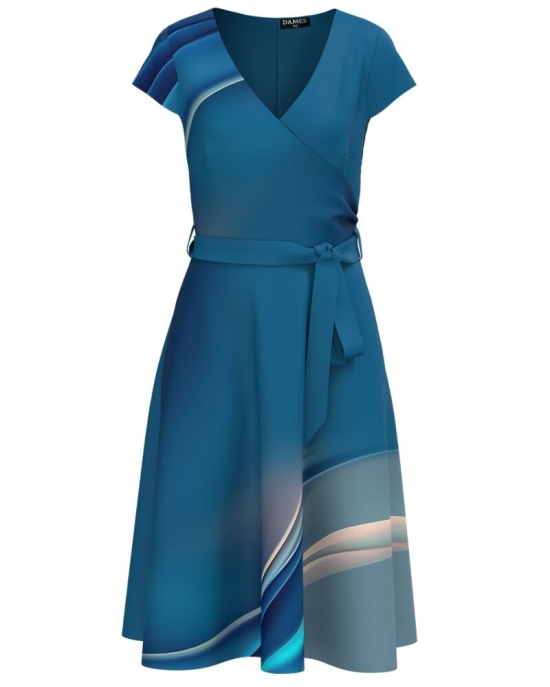 Rochie de vara albastra cu maneca scurta imprimata grafic