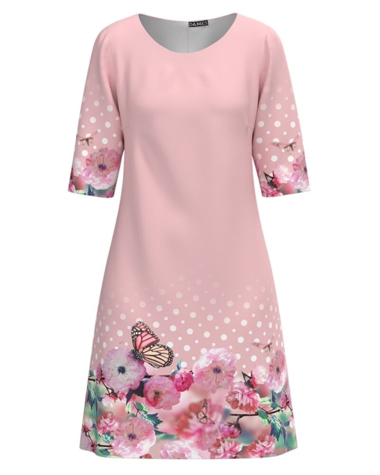 Rochie roz casual imprimata cu model Flori de primavara CMD2089