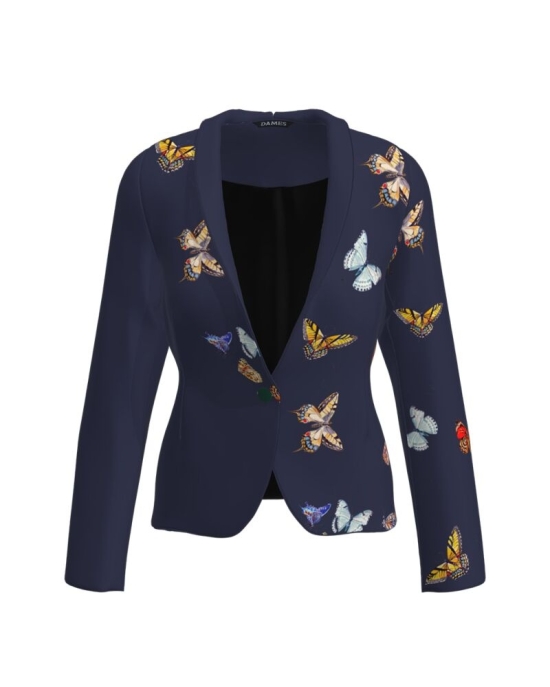 Sacou bleumarin cambrat imprimat cu model fluturi CMD3148