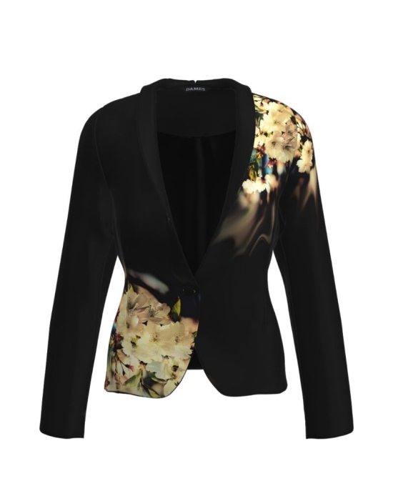 Sacou negru cambrat imprimat cu model Flori de cires CMD2976