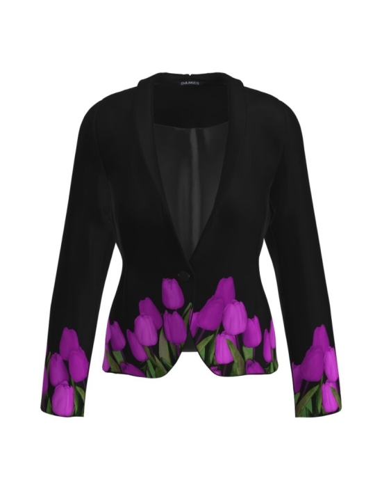 Sacou negru cambrat imprimat cu model Lalele CMD3954