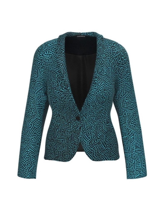 Sacou turcoaz cambrat imprimat cu model abstract CMD3705