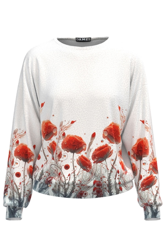 Bluza alba tip hanorac din catifea cu imprimeu Maci CMD4234