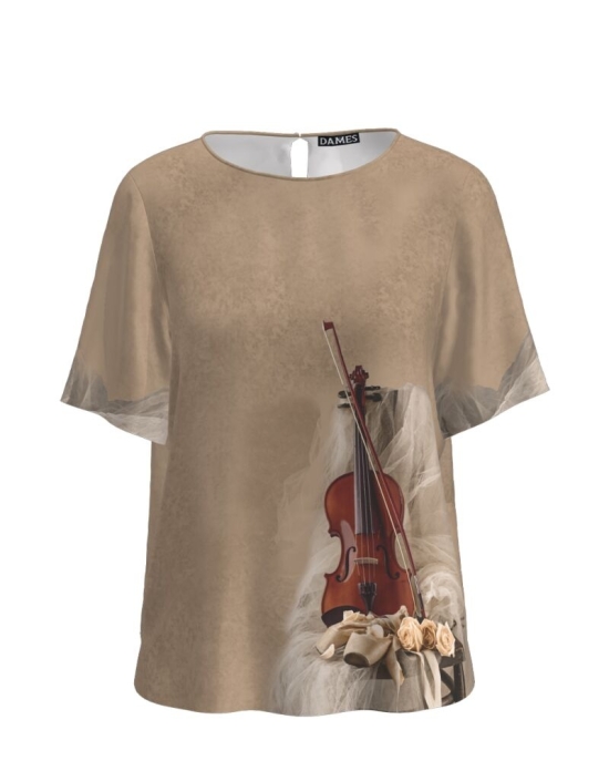 Bluza bej cu maneca scurta imprimata Vioara CMD4301
