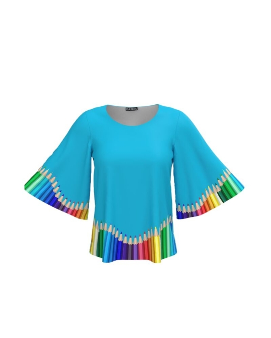 Bluza bleu cu maneci tip fluture imprimata Creioane colorate CMD4556