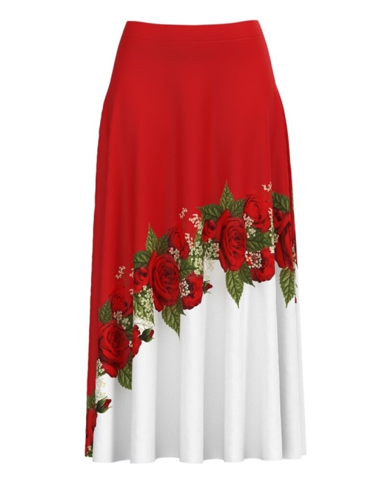 Fusta clos rosie imprimata cu model Trandafiri CMD4207