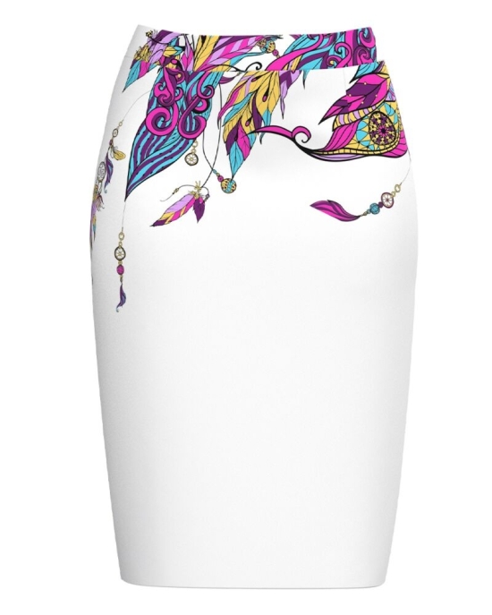 Fusta conica alba imprimata cu model multicolor