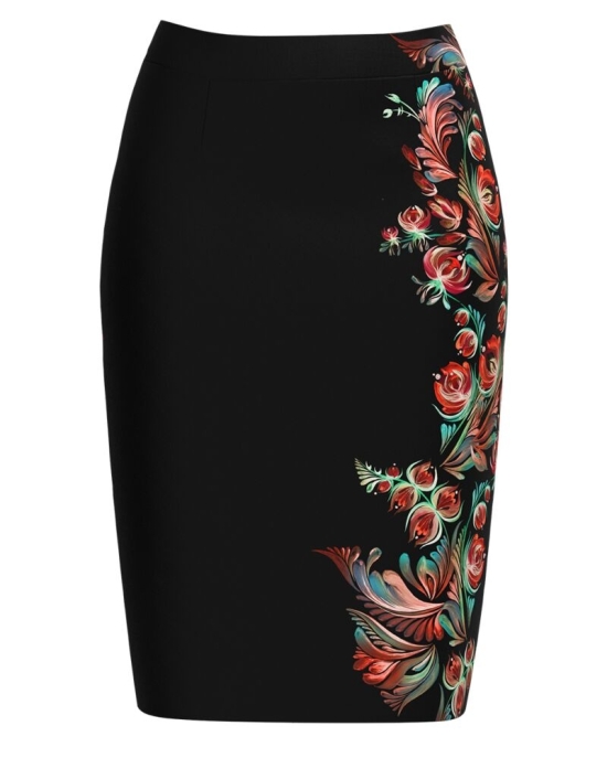 Fusta conica neagra imprimata cu model floral CMD3831
