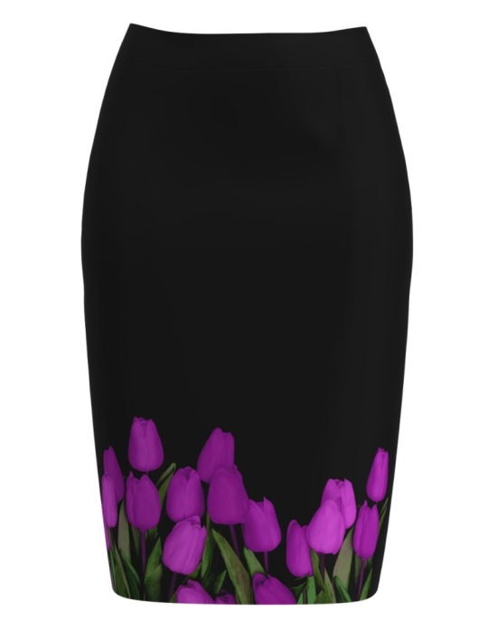Fusta conica neagra imprimata cu model Lalele CMD3956