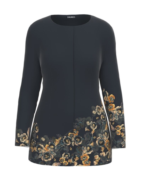 Jacheta de dama antracit de lungime medie imprimata cu model Floral CMD2328