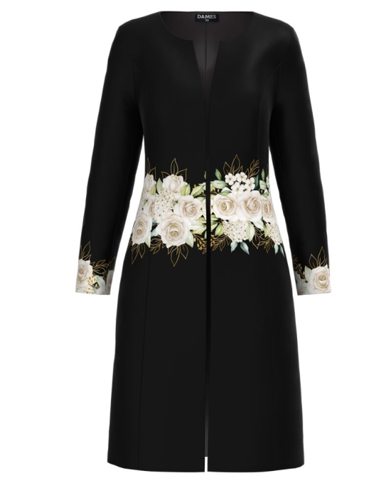 Jacheta de dama neagra lunga imprimata cu model Trandafiri CMD3295