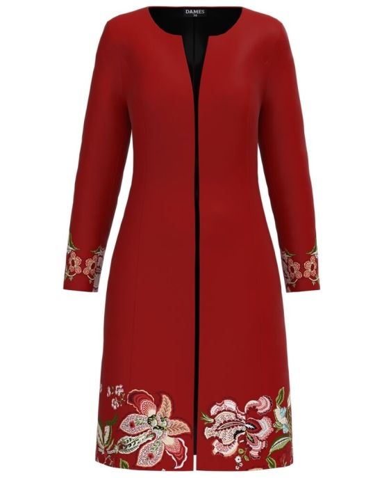 Jacheta de dama rosu caramiziu lunga imprimata cu model floral CMD1288