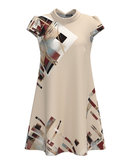 Rochie bej casual imprimata digital cu model grafic SS24
