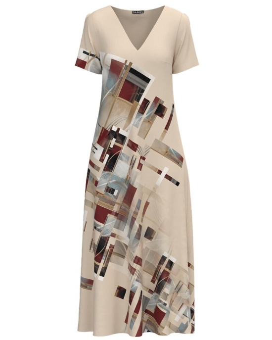 Rochie bej de vara lunga cu buzunare imprimata cu model grafic SS24