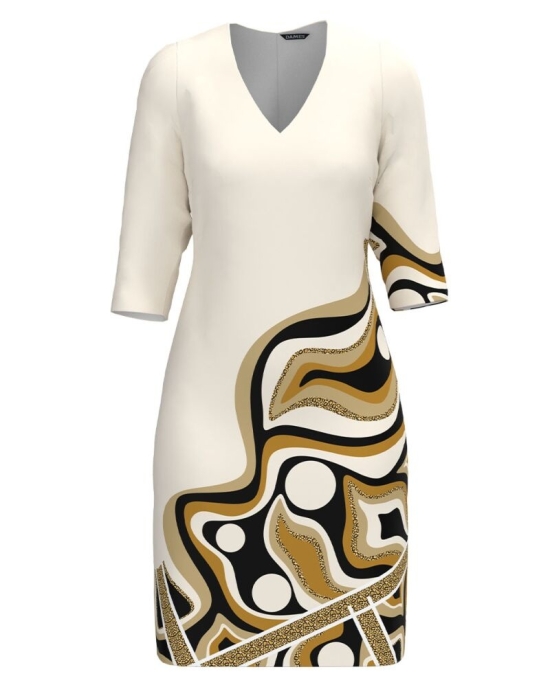 Rochie casual bej cu decolteu in V imprimata cu model abstract