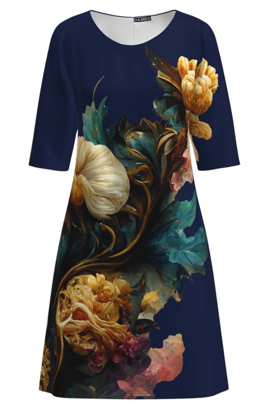 Rochie casual bleumarin imprimata cu model floral CMD3484