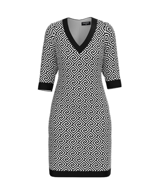 Rochie casual cu decolteu in V imprimata alb negru