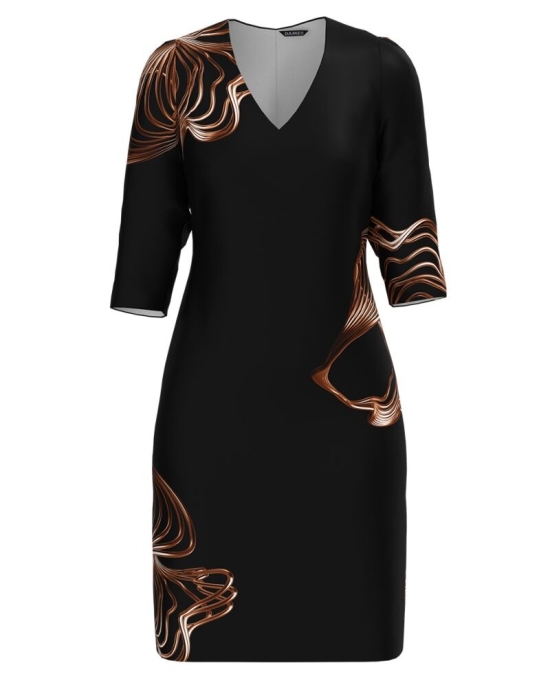 Rochie casual neagra cu decolteu in V imprimata grafic Peach Fuzz CMD4996