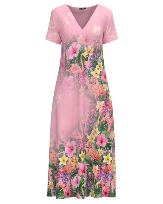 Rochie de vara roz lunga cu buzunare imprimata cu model Flamingo CMD2850