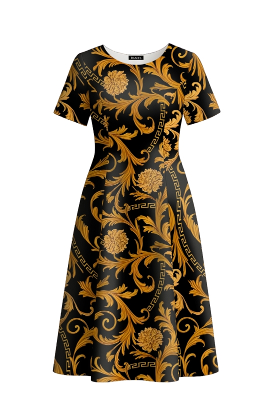 Rochie eleganta in clini cu imprimeu baroc si maneca scurta