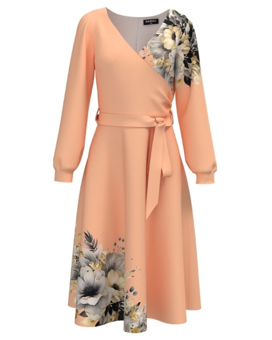 Rochie eleganta Peach Fuzz cu maneca lunga imprimata cu model floral CMD5006