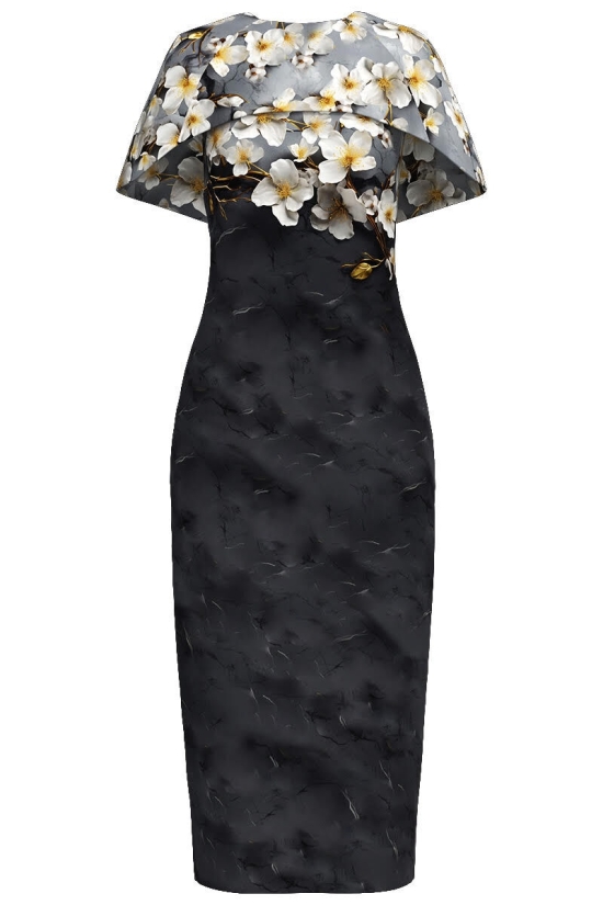 Rochie lunga cu capa detasabila imprimata in nuante de gri CMD4864