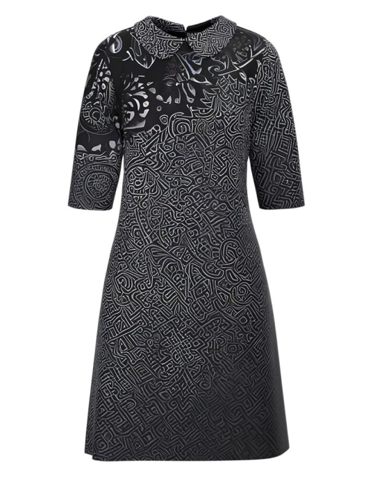 Rochie neagra casual cu guler imprimata in contrast CMD3641