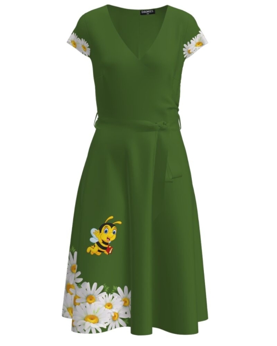 Rochie verde casual de vara cu maneca scurta imprimata cu model Albinuta CMD2724