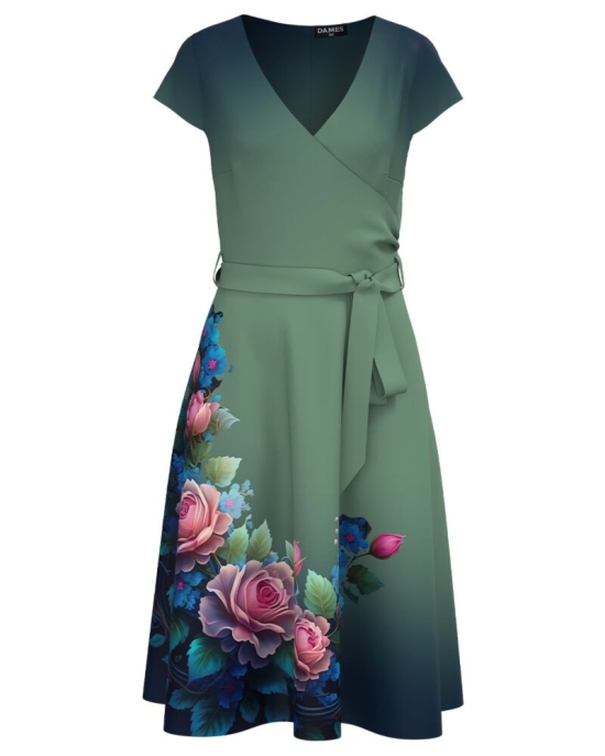 Rochie vernil in degrade cu maneca scurta imprimata cu model floral