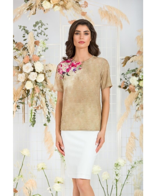 Bluza bej de vara cu maneca scurta si imprimeu floral CMD760