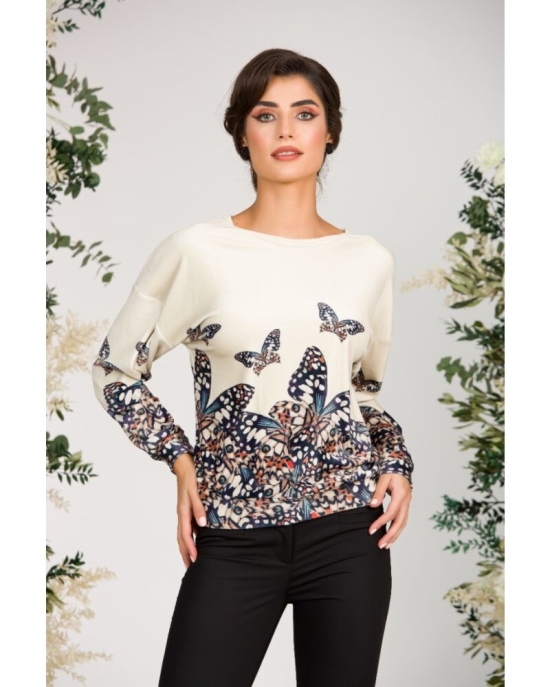 Bluza bej tip hanorac din catifea cu imprimeu fluturi CMD1704