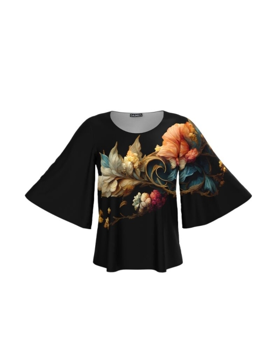 Bluza neagra cu maneci tip fluture imprimata cu model floral CMD4421