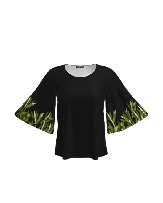 Bluza neagra cu maneci tip fluture imprimata ramuri de maslin CMD3456