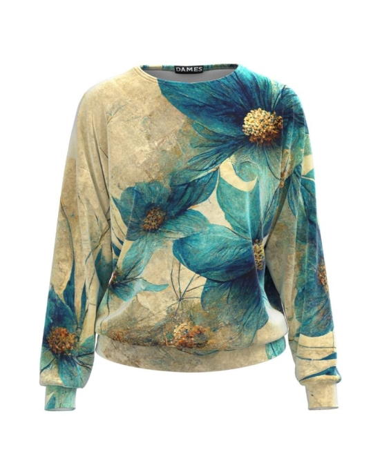 Bluza tip hanorac din catifea cu imprimeu flori albastre CMD3502