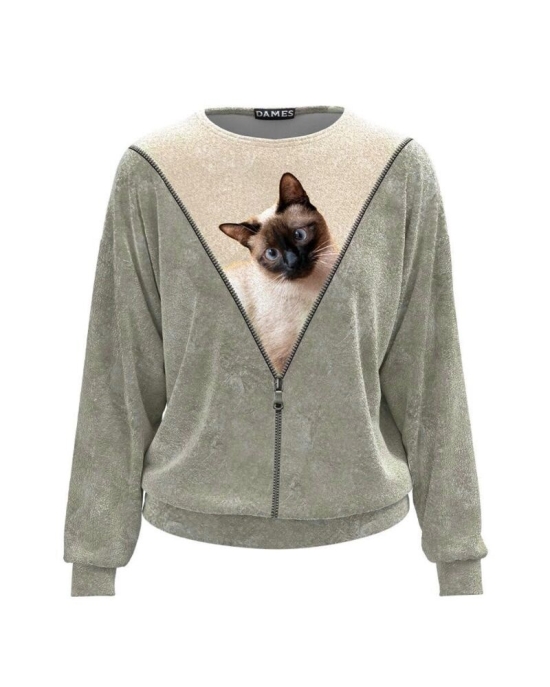 Bluza tip hanorac din catifea cu imprimeu Pisica CMD3796