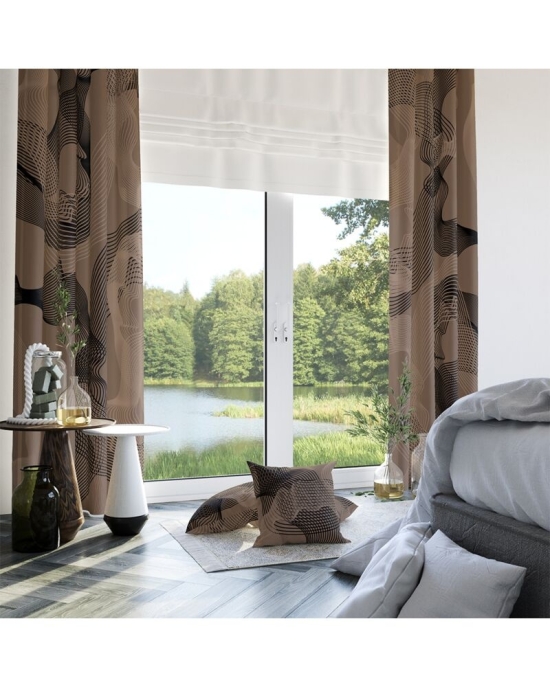 Draperie bej din satin imprimata cu model grafic CMD1879