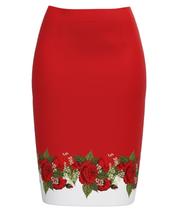 Fusta conica rosie imprimata cu model trandafiri CMD3296
