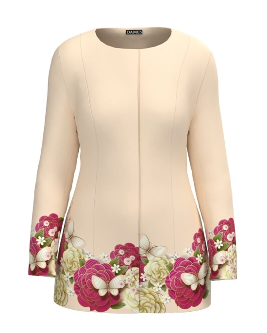 Jacheta de dama bej de lungime medie imprimata cu model Floral CMD2318