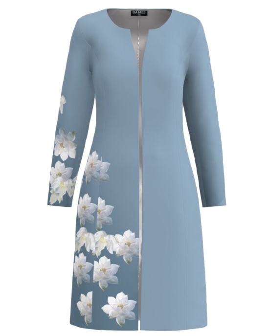 Jacheta de dama bleu lunga imprimata cu model Nuferi CMD3207