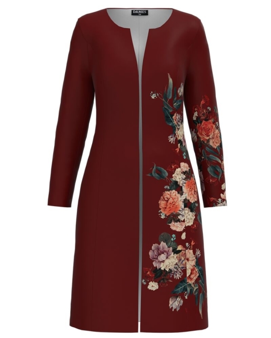 Jacheta de dama lunga, grena imprimata cu model floral CMD1169