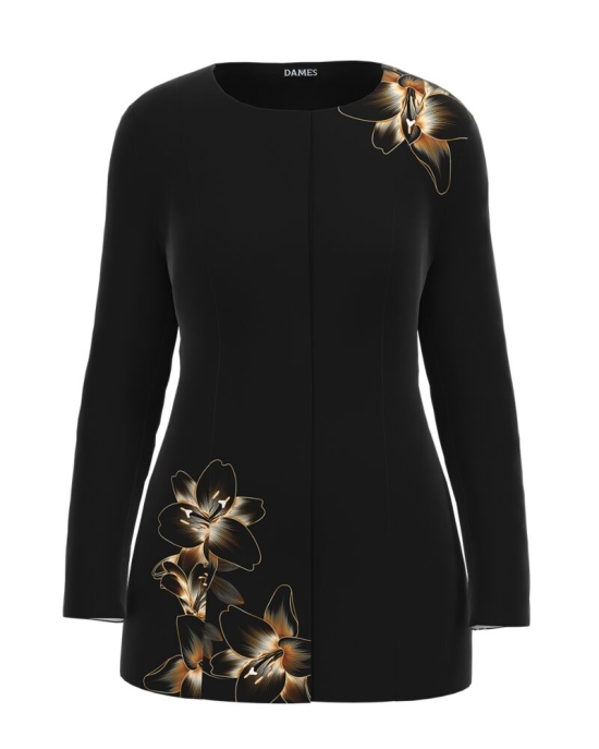 Jacheta de dama neagra de lungime medie imprimata cu model Crini CMD2329